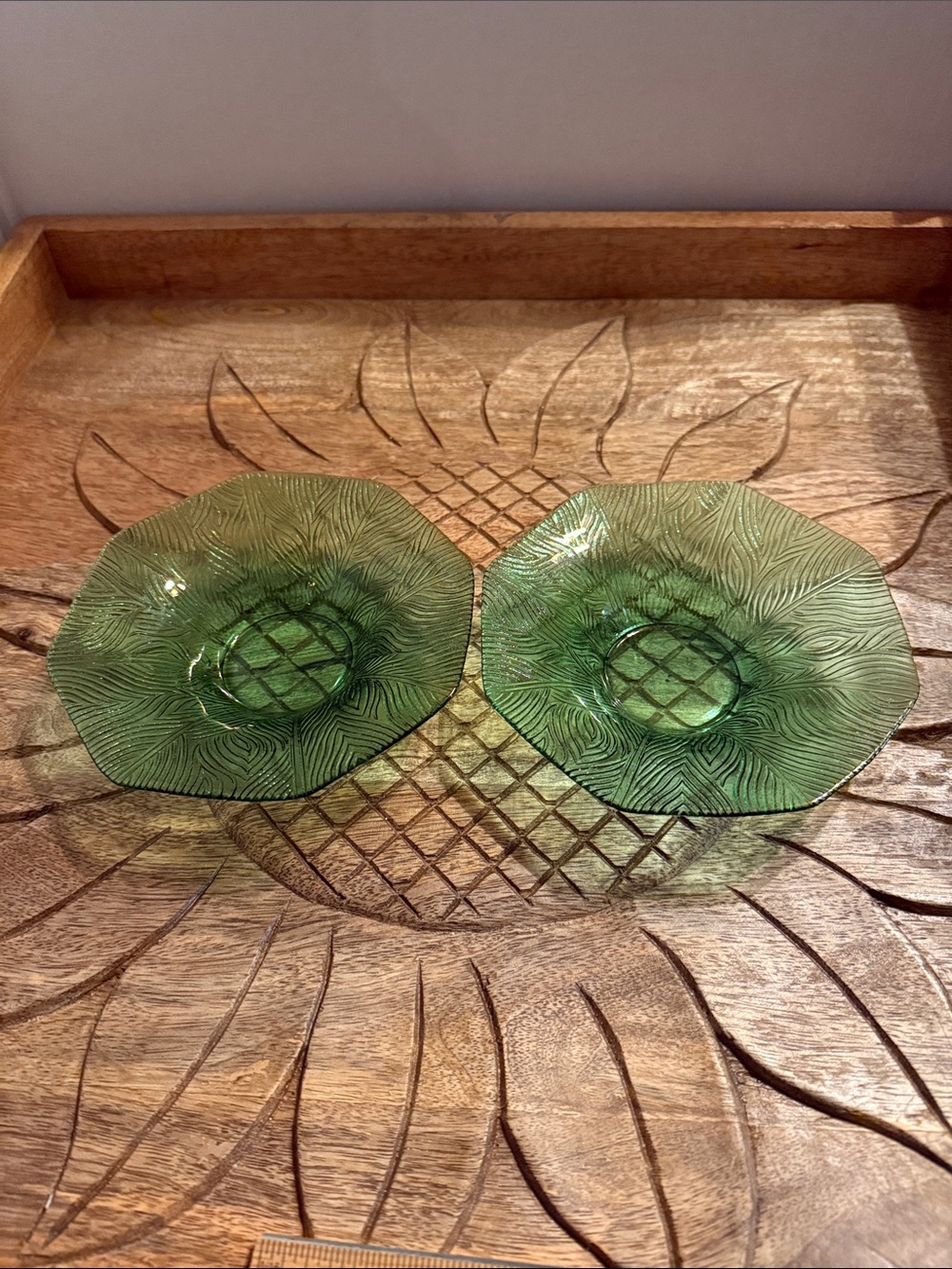 Vintage Set of 2 Green Depression Pressed Glass Dessert Plates 1930’s